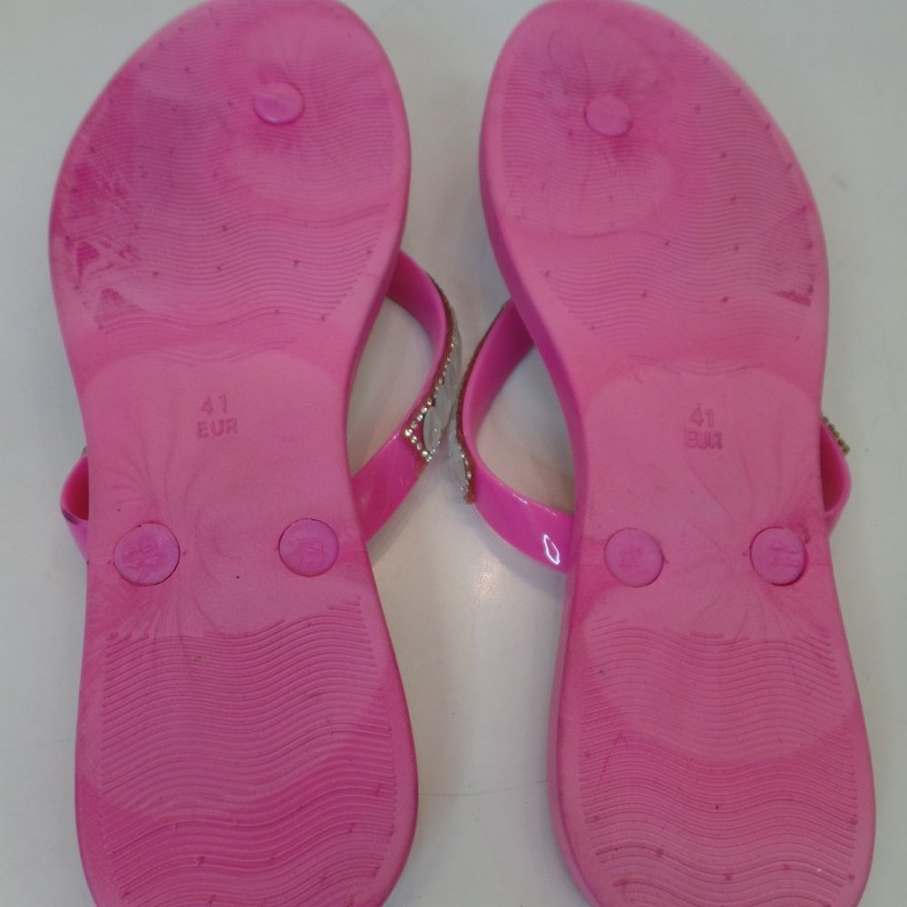 Jade Pink Sparkle Plastic  Flat Thong Sandals Sz 41 or US 10.5 - Picture 6 of 7